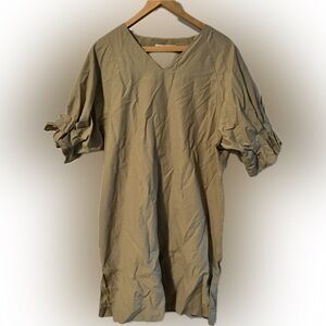 Tan V-Neck Blouse with Ruched Sleeves